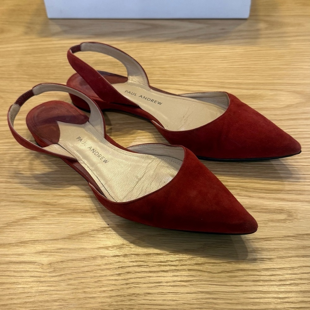 Paul Andrew Rhea 15 Pointed Toe Slingback Suede Flats Antique Red Sz 36/6